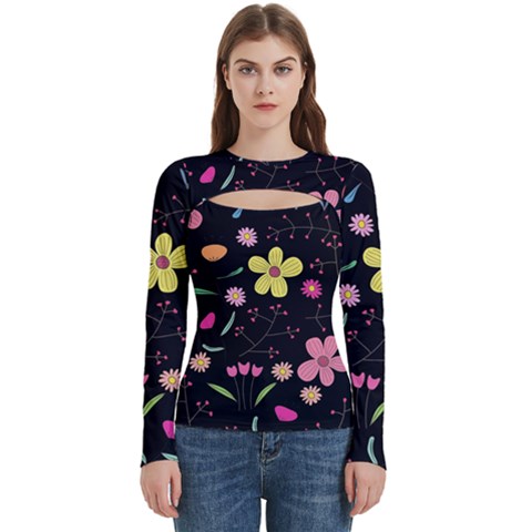 Foliage Pattern, Adorable Beautiful Women s Cut Out Long Sleeve T