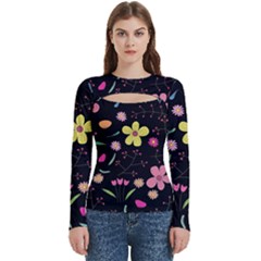 Foliage Pattern, Adorable Beautiful Women s Cut Out Long Sleeve T