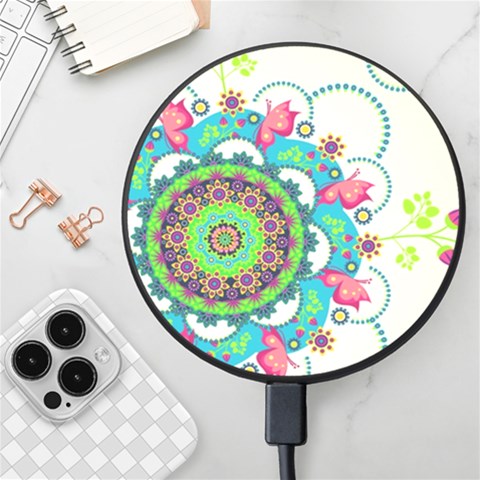 Mandala Flowers, Abstract, Butterflies, Floral, Pattern Wireless Fast Charger(Black) from ArtsNow.com