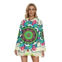 Round Neck Long Sleeve Bohemian Style Chiffon Mini Dress 