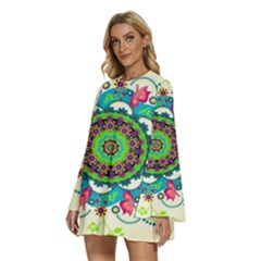 Round Neck Long Sleeve Bohemian Style Chiffon Mini Dress 