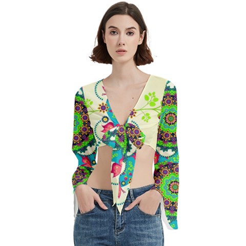 Mandala Flowers, Abstract, Butterflies, Floral, Pattern Trumpet Sleeve Cropped Top from ArtsNow.com