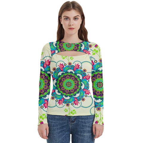 Mandala Flowers, Abstract, Butterflies, Floral, Pattern Women s Cut Out Long Sleeve T