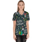 Merry Christmas, Happy New Year, Christmas Seamless Texture Women s V-Neck Scrub Top