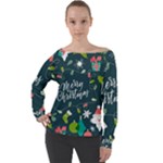 Merry Christmas, Happy New Year, Christmas Seamless Texture Off Shoulder Long Sleeve Velour Top