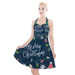 Merry Christmas, Happy New Year, Christmas Seamless Texture Halter Party Swing Dress 