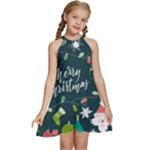 Merry Christmas, Happy New Year, Christmas Seamless Texture Kids  Halter Collar Waist Tie Chiffon Dress