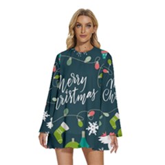 Round Neck Long Sleeve Bohemian Style Chiffon Mini Dress 