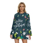 Merry Christmas, Happy New Year, Christmas Seamless Texture Round Neck Long Sleeve Bohemian Style Chiffon Mini Dress