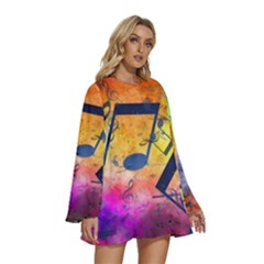 Round Neck Long Sleeve Bohemian Style Chiffon Mini Dress 