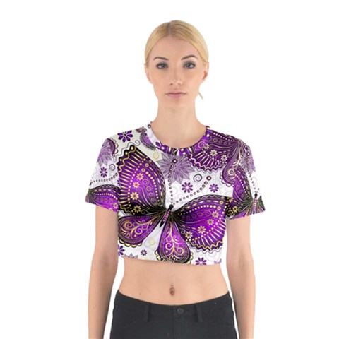 Purple Butterflies, Abstract, Floral, Flowers Cotton Crop Top from ArtsNow.com