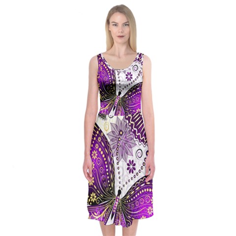 Purple Butterflies, Abstract, Floral, Flowers Midi Sleeveless Dress from ArtsNow.com