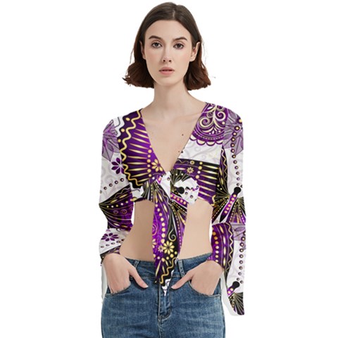 Purple Butterflies, Abstract, Floral, Flowers Trumpet Sleeve Cropped Top from ArtsNow.com