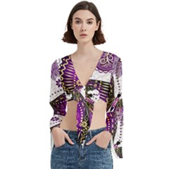 Purple Butterflies, Abstract, Floral, Flowers Trumpet Sleeve Cropped Top from ArtsNow.com