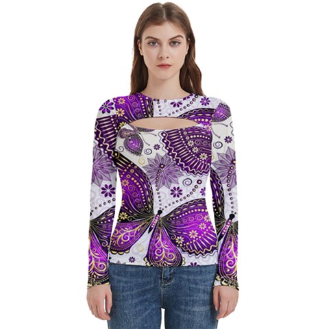 Purple Butterflies, Abstract, Floral, Flowers Women s Cut Out Long Sleeve T