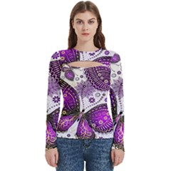 Purple Butterflies, Abstract, Floral, Flowers Women s Cut Out Long Sleeve T