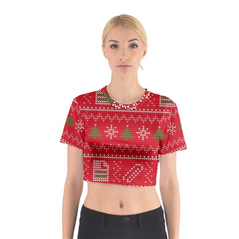 Red Christmas Pattern Xmas Decorations, Christmas Knitted Texture Cotton Crop Top from ArtsNow.com