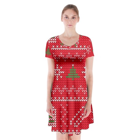 Red Christmas Pattern Xmas Decorations, Christmas Knitted Texture Short Sleeve V