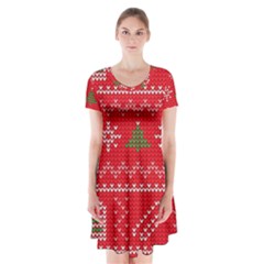 Red Christmas Pattern Xmas Decorations, Christmas Knitted Texture Short Sleeve V