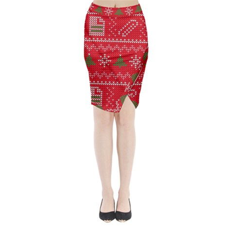 Red Christmas Pattern Xmas Decorations, Christmas Knitted Texture Midi Wrap Pencil Skirt from ArtsNow.com