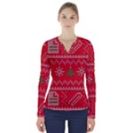 Red Christmas Pattern Xmas Decorations, Christmas Knitted Texture V-Neck Long Sleeve Top