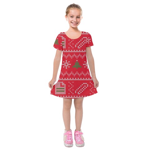 Red Christmas Pattern Xmas Decorations, Christmas Knitted Texture Kids  Short Sleeve Velvet Dress from ArtsNow.com