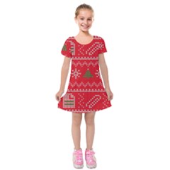 Red Christmas Pattern Xmas Decorations, Christmas Knitted Texture Kids  Short Sleeve Velvet Dress from ArtsNow.com