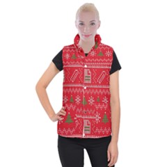 Red Christmas Pattern Xmas Decorations, Christmas Knitted Texture Women s Button Up Vest from ArtsNow.com