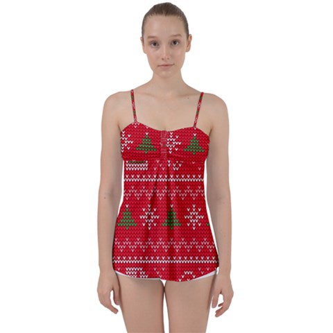 Red Christmas Pattern Xmas Decorations, Christmas Knitted Texture Babydoll Tankini Top from ArtsNow.com