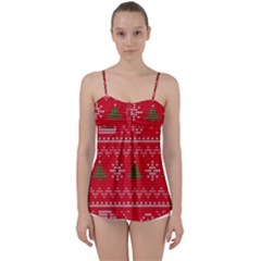 Red Christmas Pattern Xmas Decorations, Christmas Knitted Texture Babydoll Tankini Top from ArtsNow.com