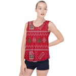 Red Christmas Pattern Xmas Decorations, Christmas Knitted Texture Bubble Hem Chiffon Tank Top