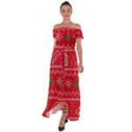 Red Christmas Pattern Xmas Decorations, Christmas Knitted Texture Off Shoulder Open Front Chiffon Dress