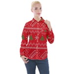 Red Christmas Pattern Xmas Decorations, Christmas Knitted Texture Women s Long Sleeve Pocket Shirt