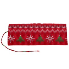 Red Christmas Pattern Xmas Decorations, Christmas Knitted Texture Roll Up Canvas Pencil Holder (S) from ArtsNow.com