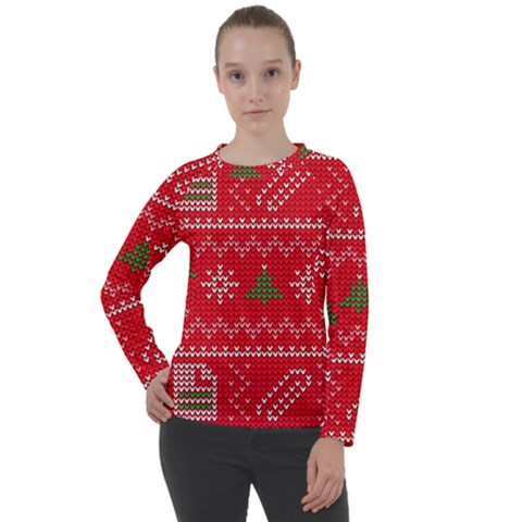 Red Christmas Pattern Xmas Decorations, Christmas Knitted Texture Women s Long Sleeve Raglan T