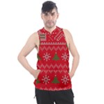 Red Christmas Pattern Xmas Decorations, Christmas Knitted Texture Men s Sleeveless Hoodie