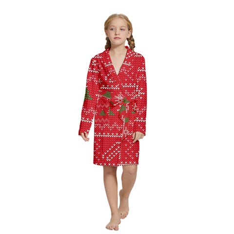 Red Christmas Pattern Xmas Decorations, Christmas Knitted Texture Kids  Long Sleeve Velvet Lounge Robe from ArtsNow.com