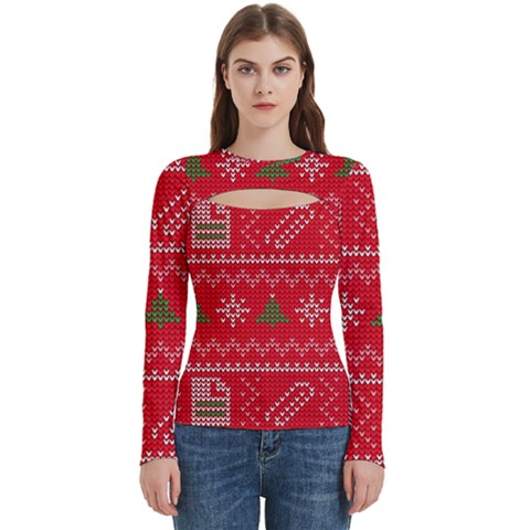 Red Christmas Pattern Xmas Decorations, Christmas Knitted Texture Women s Cut Out Long Sleeve T