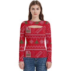 Red Christmas Pattern Xmas Decorations, Christmas Knitted Texture Women s Cut Out Long Sleeve T