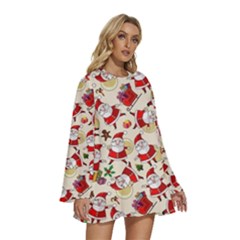 Round Neck Long Sleeve Bohemian Style Chiffon Mini Dress 