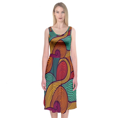 Swirly, Abstract, Multi Colored, Pattern, Midi Sleeveless Dress from ArtsNow.com