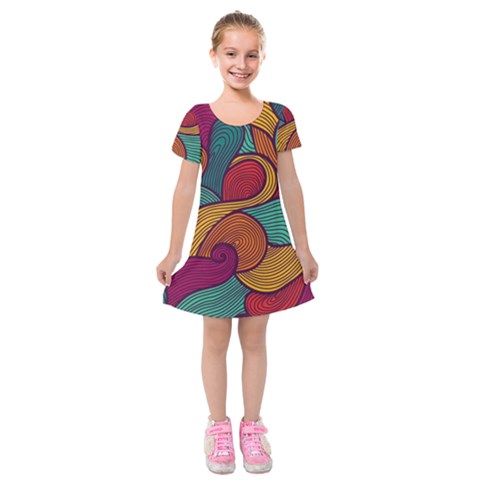 Swirly, Abstract, Multi Colored, Pattern, Kids  Short Sleeve Velvet Dress from ArtsNow.com