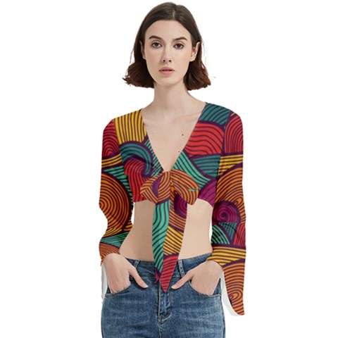 Swirly, Abstract, Multi Colored, Pattern, Trumpet Sleeve Cropped Top from ArtsNow.com