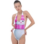 Two Snowmen, Backless Halter One Piece Swimsuit