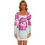 Two Snowmen, Long Sleeve Square Neck Bodycon Velvet Dress