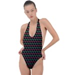 Geometric Abstract Pattern Line Backless Halter One Piece Swimsuit