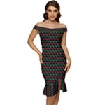 Geometric Abstract Pattern Line Off Shoulder Ruffle Split Hem Bodycon Dress