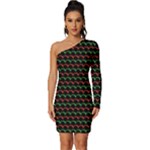 Geometric Abstract Pattern Line Long Sleeve One Shoulder Mini Dress