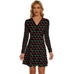 Geometric Abstract Pattern Line Long Sleeve Deep V Mini Dress 