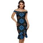 Flower Pattern Flora Floral Seamless Off Shoulder Ruffle Split Hem Bodycon Dress